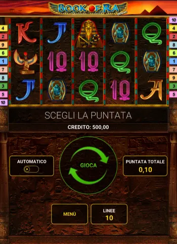Book of Ra Deluxe in verticale su un telefono: i cinque rulli in alto, sotto il tasto Gioca, la puntata totale e il credito