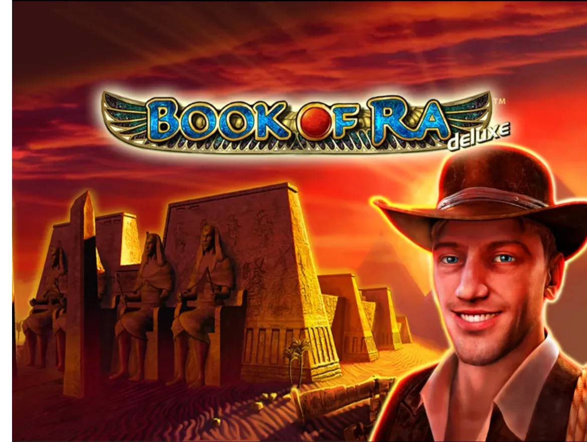La schermata di apertura di Book of Ra Deluxe: il logo alato, i templi egizi e l’esploratore col cappello