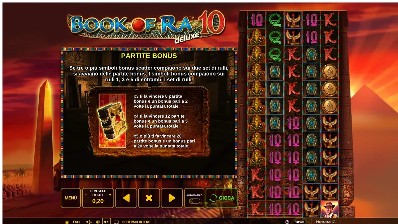 La pagina Partite bonus di Book of Ra Deluxe 10: 3, 4 o 5 libri danno 8, 12 o 20 partite bonus