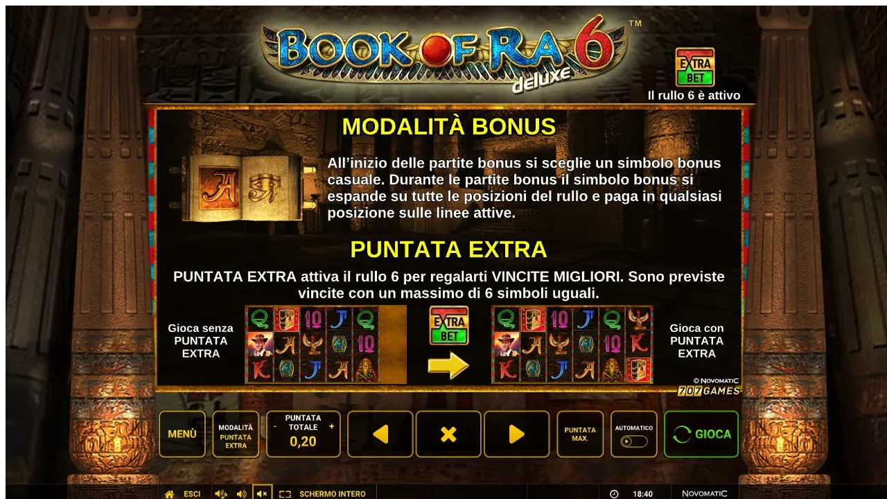 La pagina Modalità bonus e Puntata extra di Book of Ra Deluxe 6: la puntata extra attiva il rullo 6, vincite fino a 6 simboli uguali