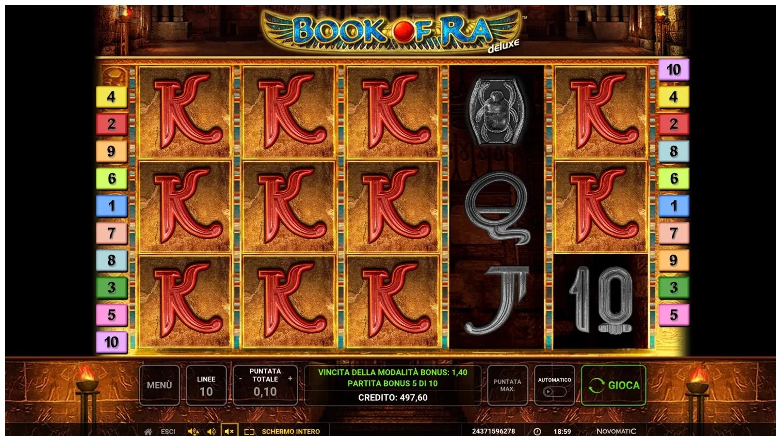 Partita bonus di Book of Ra Deluxe con il simbolo K espanso su quattro rulli che copre tutte le posizioni