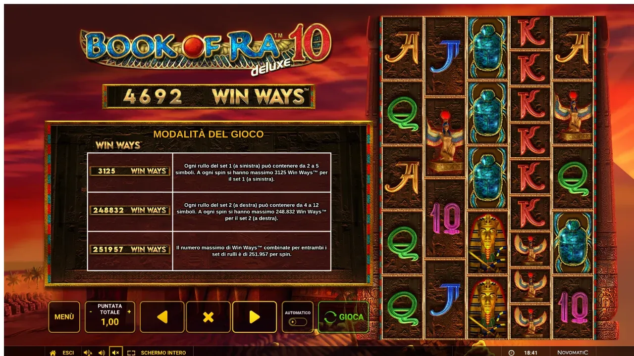 La pagina Win Ways di Book of Ra Deluxe 10 Win Ways: fino a 3.125 Win Ways sul set 1, 248.832 sul set 2, 251.957 in tutto
